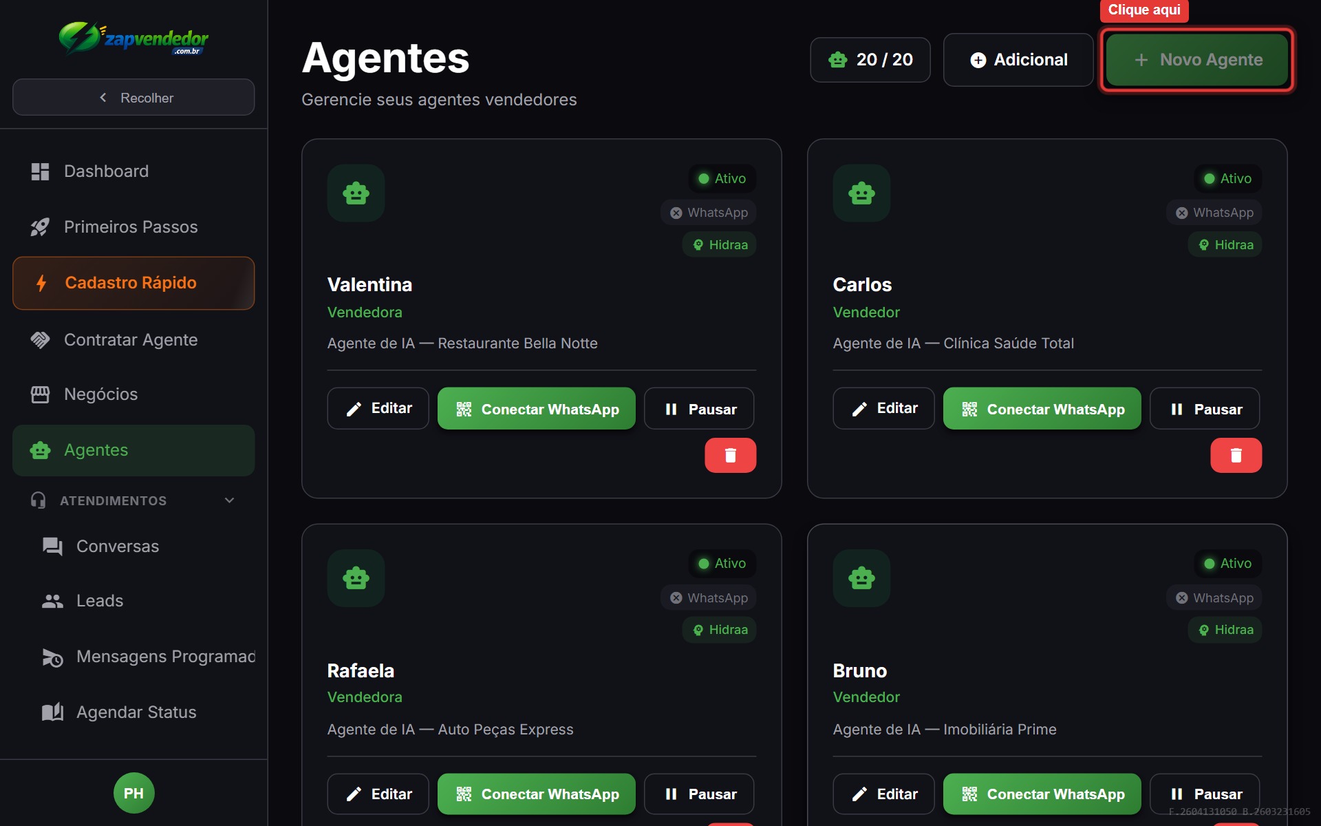 Lista de agentes — criar novo agente de IA