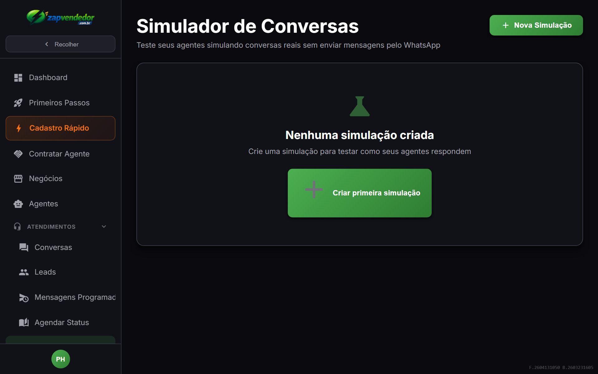 Simulador — conversando com o agente antes de ativar