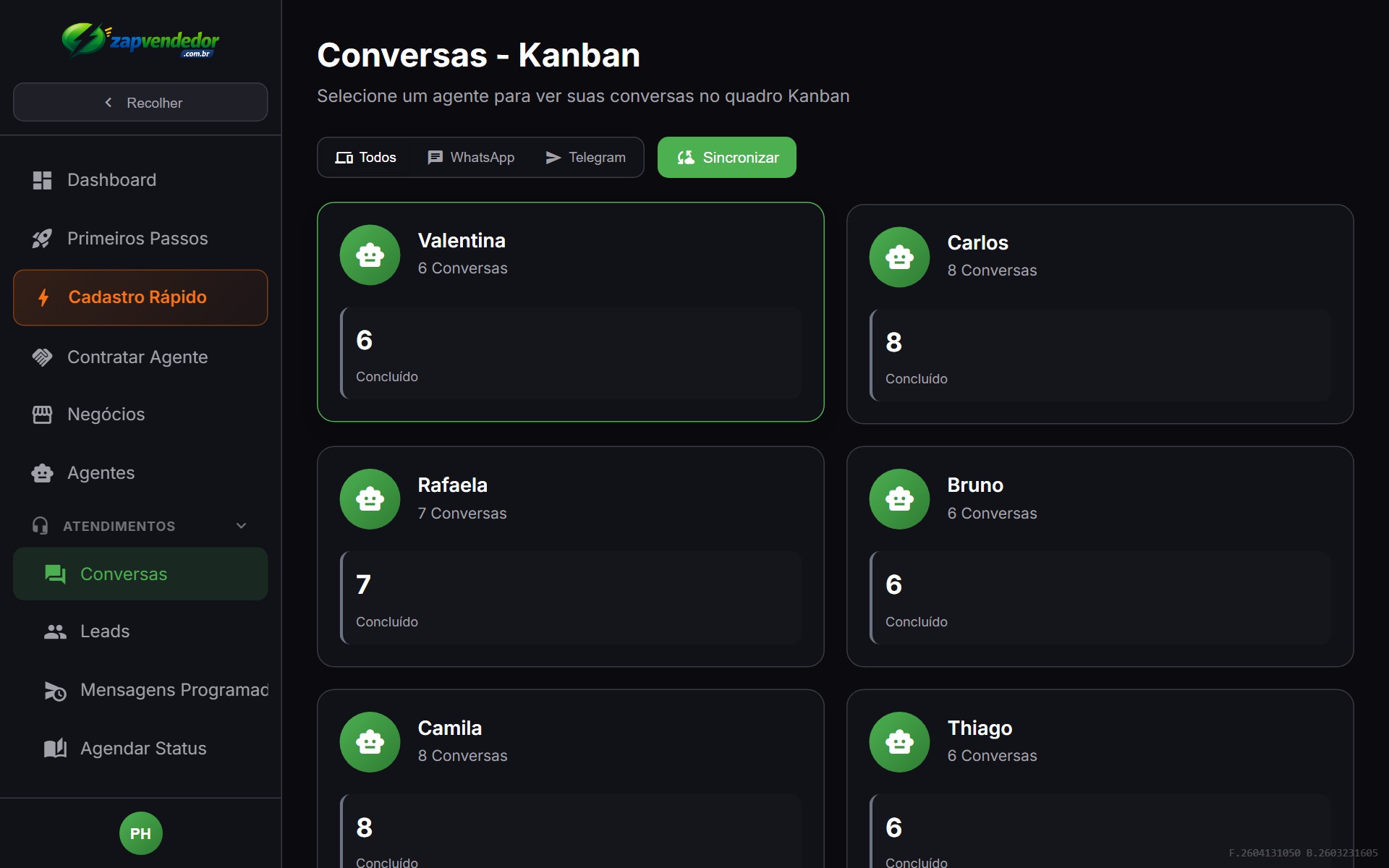 Painel Kanban — funil completo de vendas