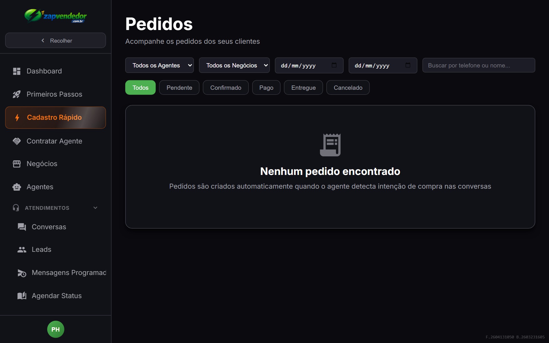 Lista de pedidos recebidos via WhatsApp